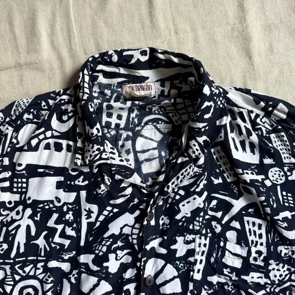 VTG 90s Pink Dragon Neiman Marcus Rayon Abstract City Loop Collar Shirt Men's XL
